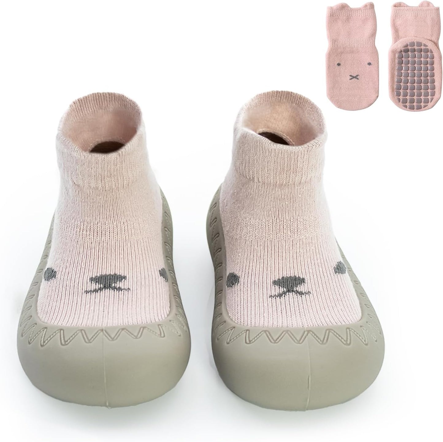 2 Pair Caroon Non-slip Baby Shoes, Slippers for Boys & Girls - Soft Rubber Grippers, Khaki, White, Pink, Blue - Infant First Walking Shoes, 6-12, 12-18, 18-24 Months