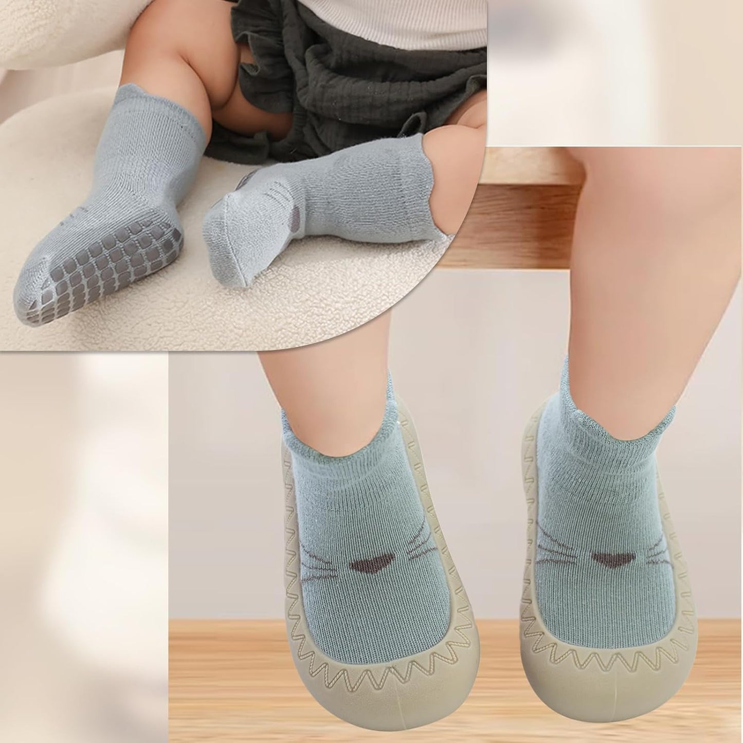 2 Pair Caroon Non-slip Baby Shoes, Slippers for Boys & Girls - Soft Rubber Grippers, Khaki, White, Pink, Blue - Infant First Walking Shoes, 6-12, 12-18, 18-24 Months