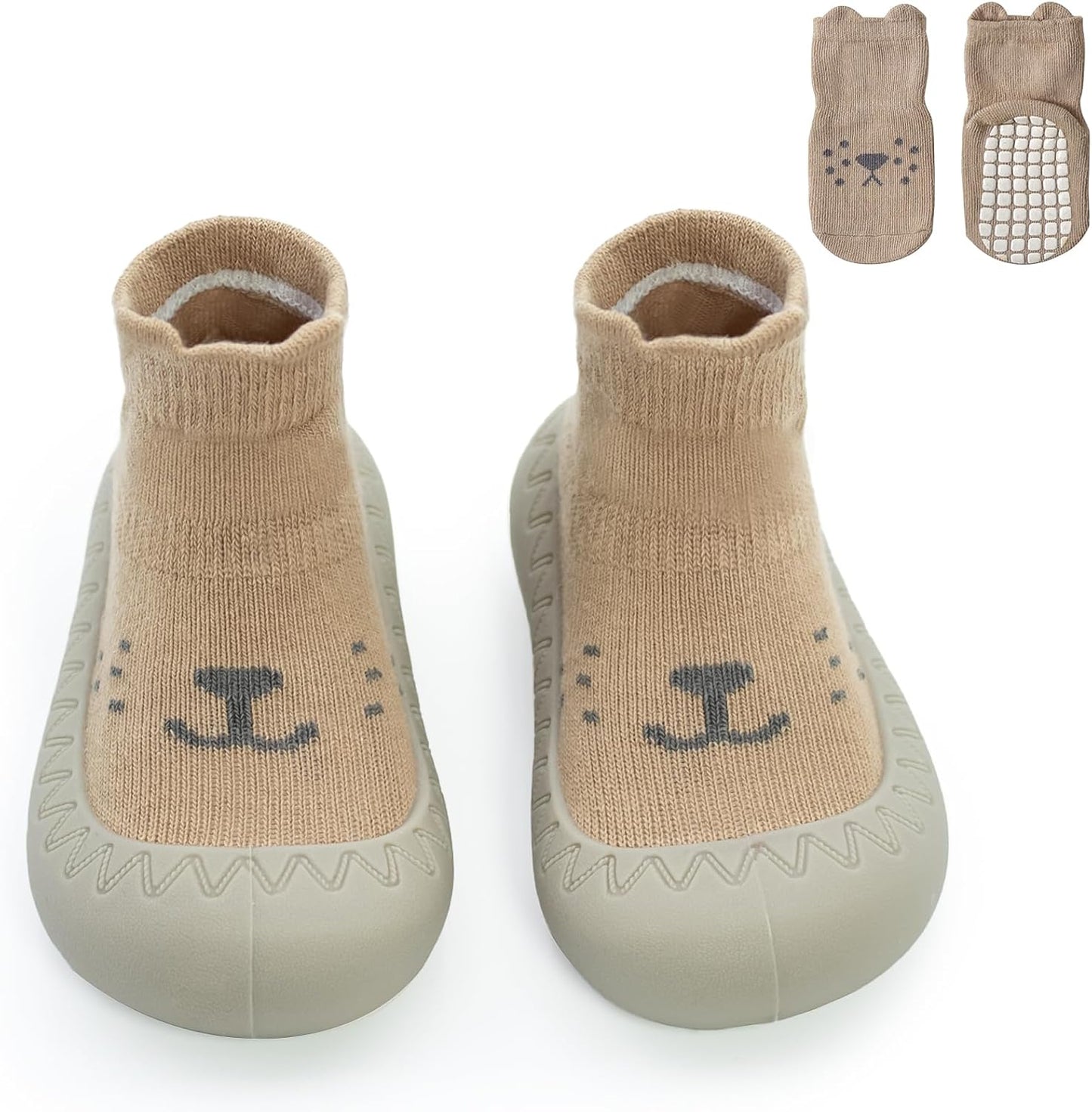 2 Pair Caroon Non-slip Baby Shoes, Slippers for Boys & Girls - Soft Rubber Grippers, Khaki, White, Pink, Blue - Infant First Walking Shoes, 6-12, 12-18, 18-24 Months