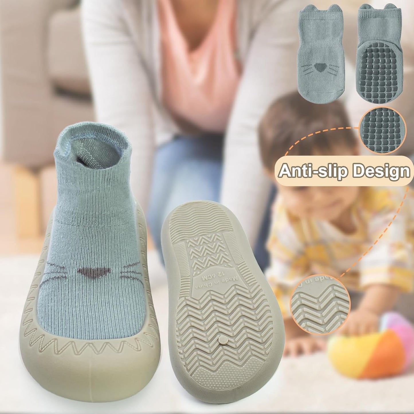 2 Pair Caroon Non-slip Baby Shoes, Slippers for Boys & Girls - Soft Rubber Grippers, Khaki, White, Pink, Blue - Infant First Walking Shoes, 6-12, 12-18, 18-24 Months