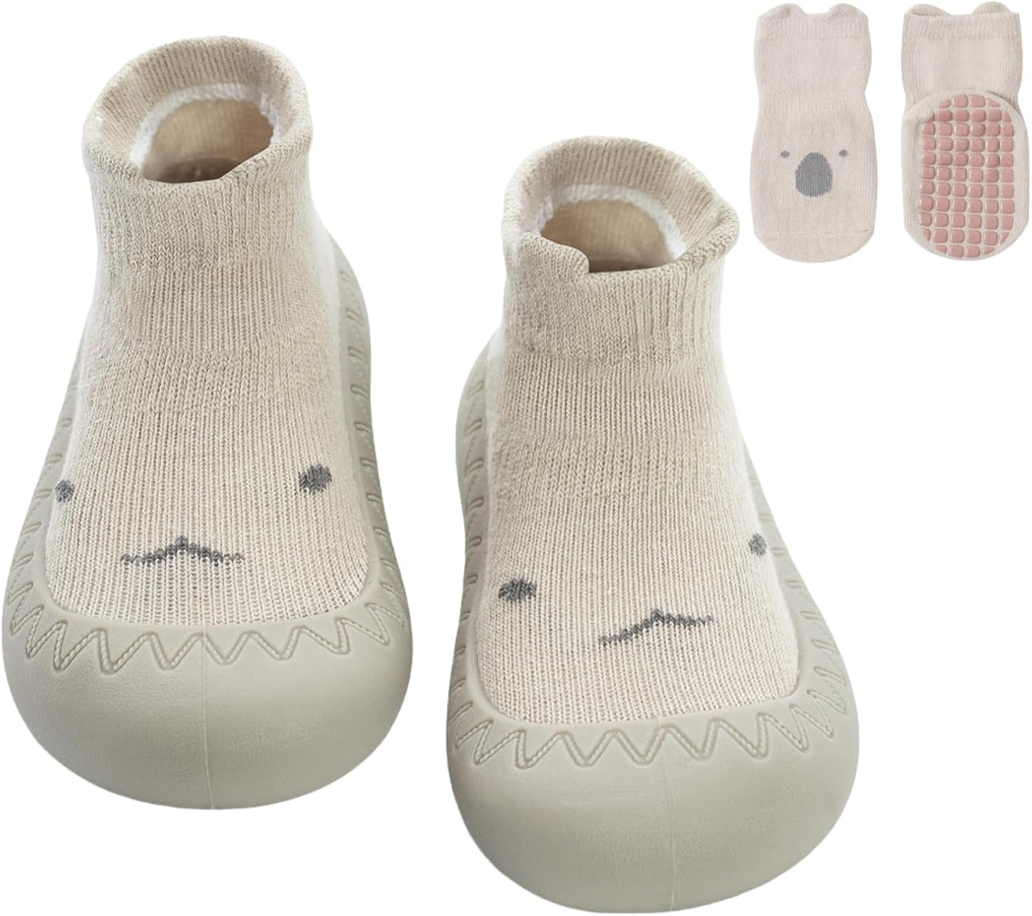 2 Pair Caroon Non-slip Baby Shoes, Slippers for Boys & Girls - Soft Rubber Grippers, Khaki, White, Pink, Blue - Infant First Walking Shoes, 6-12, 12-18, 18-24 Months
